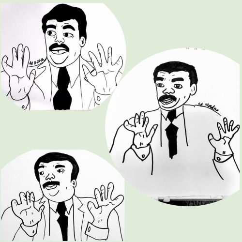 a collage of 3 comically bad ink drawings of the same Neil DeGrasse Tyson meme. Fingers faces and eyes are misshapen.